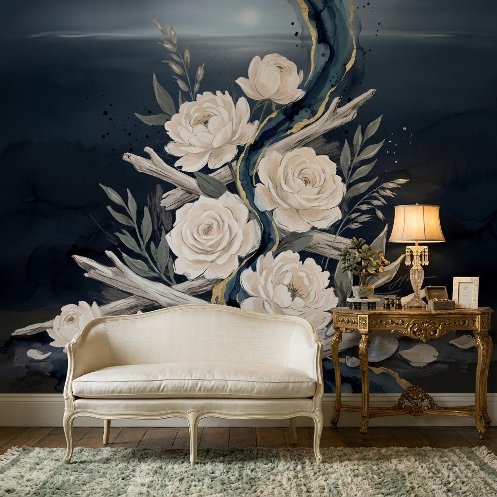 Dark Floral Wallpaper Mural, Elegant Rose Wall Art, Luxury Botanical Wall Decor