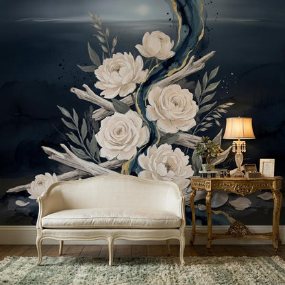 Dark Floral Wallpaper Mural, Elegant Rose Wall Art, Luxury Botanical Wall Decor