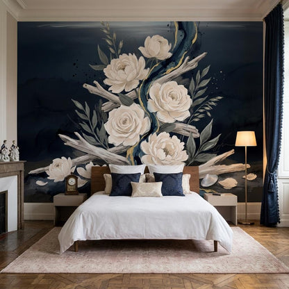 Dark Floral Wallpaper Mural, Elegant Rose Wall Art, Luxury Botanical Wall Decor