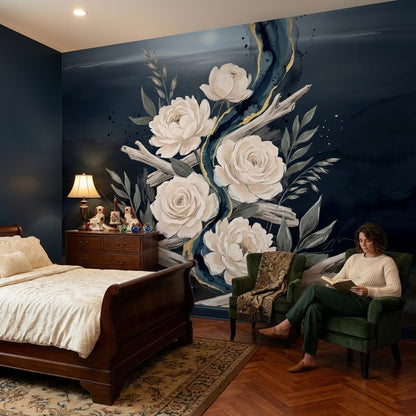 Dark Floral Wallpaper Mural, Elegant Rose Wall Art, Luxury Botanical Wall Decor