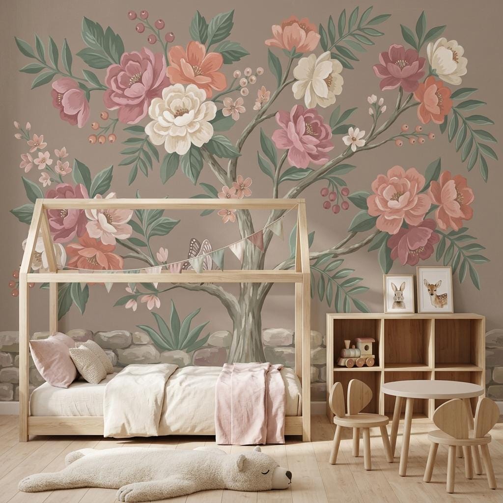 Blush Floral Tree Wallpaper Mural, Soft Pink Botanical Wall Art, Elegant Nature Wall Decor