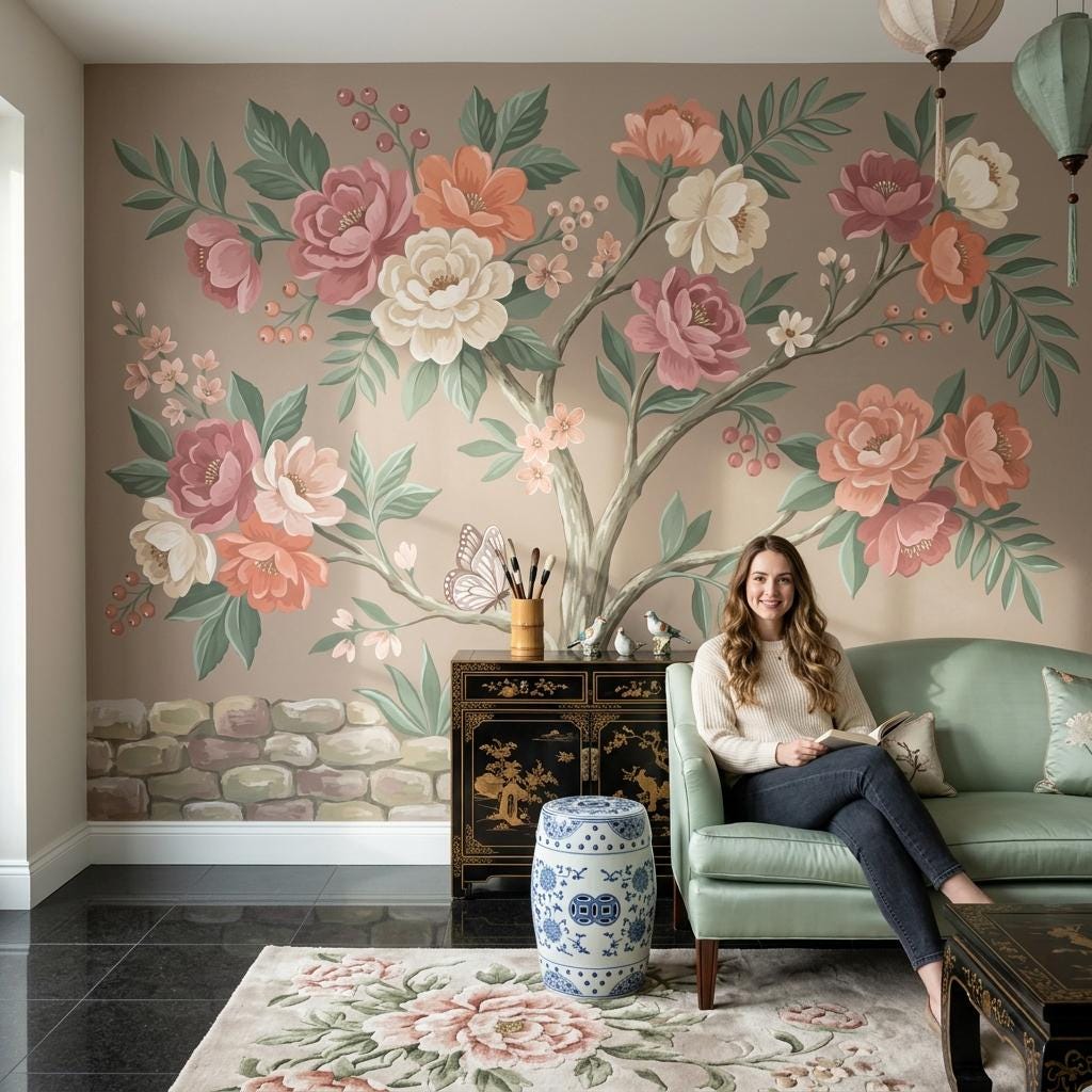 Blush Floral Tree Wallpaper Mural, Soft Pink Botanical Wall Art, Elegant Nature Wall Decor