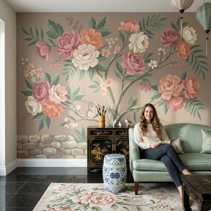 Blush Floral Tree Wallpaper Mural, Soft Pink Botanical Wall Art, Elegant Nature Wall Decor