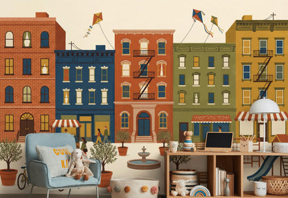 Cityscape Wallpaper Neighborhood Apartment Buildings Wall Mural