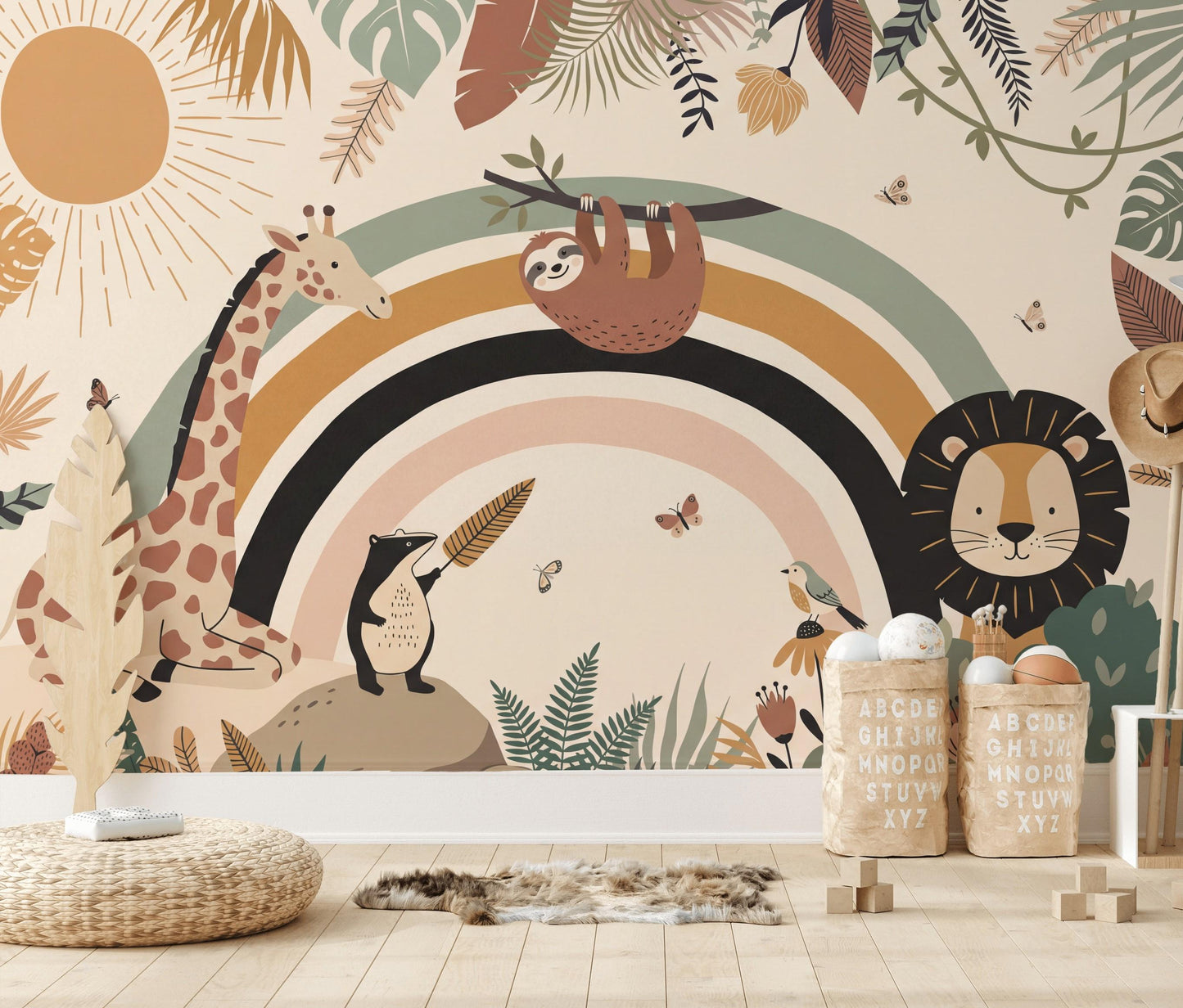 Safari Rainbow Wall Mural: Giraffe, Lion, Sloth Jungle Nursery Decor
