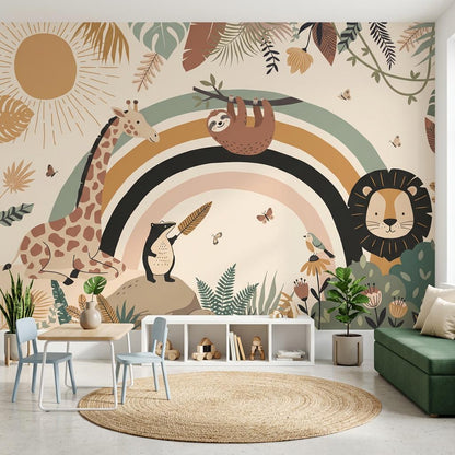 Safari Rainbow Wall Mural: Giraffe, Lion, Sloth Jungle Nursery Decor