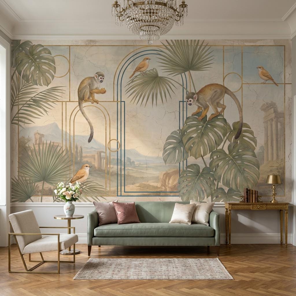 Art Deco Monkey Arch Wallpaper Mural: Tropical Teal Vintage Style