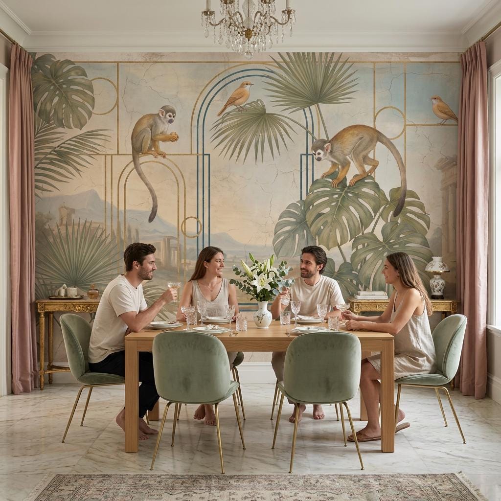 Art Deco Monkey Arch Wallpaper Mural: Tropical Teal Vintage Style