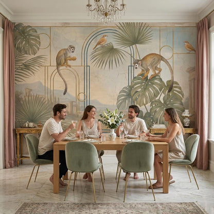 Art Deco Monkey Arch Wallpaper Mural: Tropical Teal Vintage Style