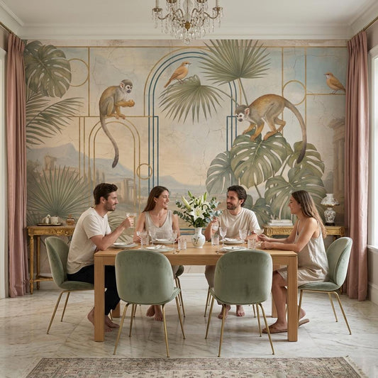 Art Deco Monkey Arch Wallpaper Mural: Tropical Teal Vintage Style