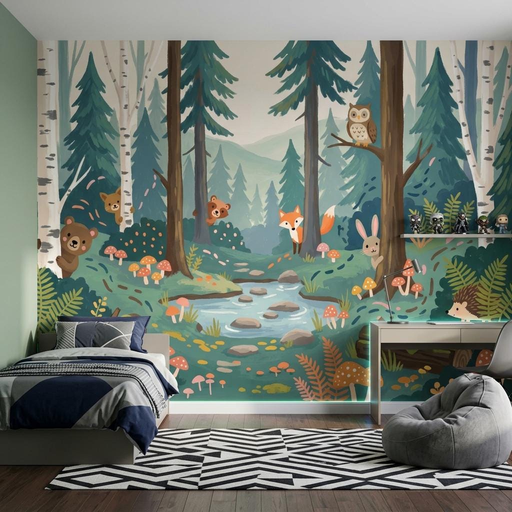 Woodland Kids Wallpaper Mural, Forest Nursery Wall Art, Animal Theme Wall Decor