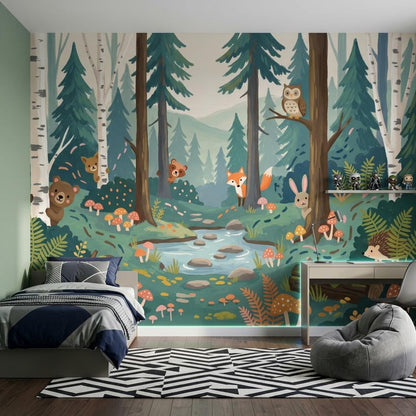 Woodland Kids Wallpaper Mural, Forest Nursery Wall Art, Animal Theme Wall Decor