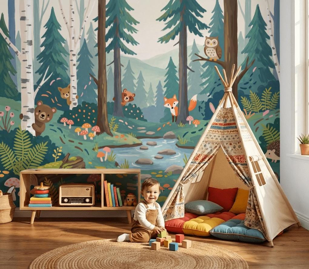 Woodland Kids Wallpaper Mural, Forest Nursery Wall Art, Animal Theme Wall Decor