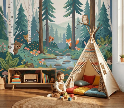 Woodland Kids Wallpaper Mural, Forest Nursery Wall Art, Animal Theme Wall Decor