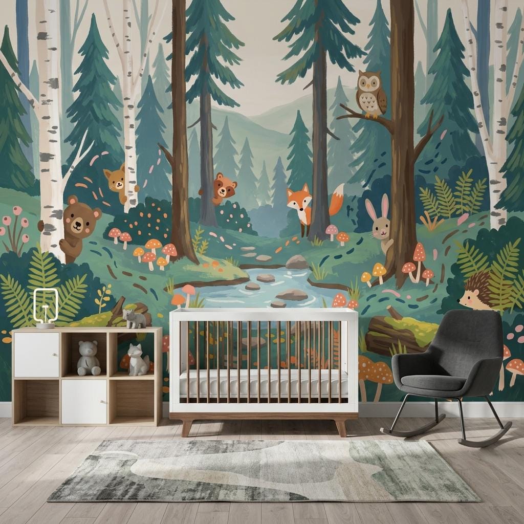 Woodland Kids Wallpaper Mural, Forest Nursery Wall Art, Animal Theme Wall Decor