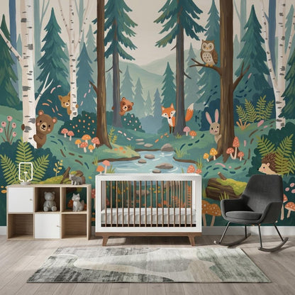Woodland Kids Wallpaper Mural, Forest Nursery Wall Art, Animal Theme Wall Decor