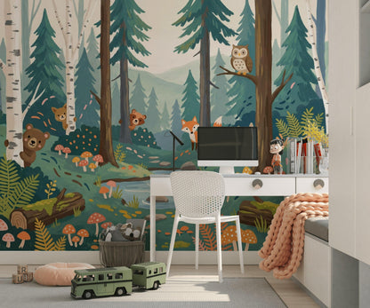 Woodland Kids Wallpaper Mural, Forest Nursery Wall Art, Animal Theme Wall Decor