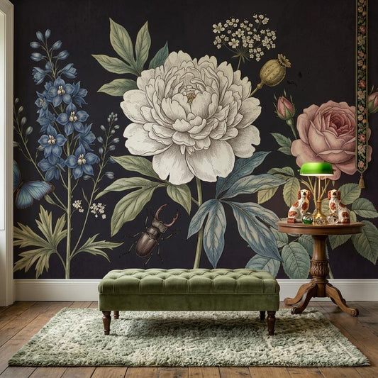 Vintage Botanical Wallpaper Mural, Dark Floral Wall Art, Antique Garden Style Wall Decor