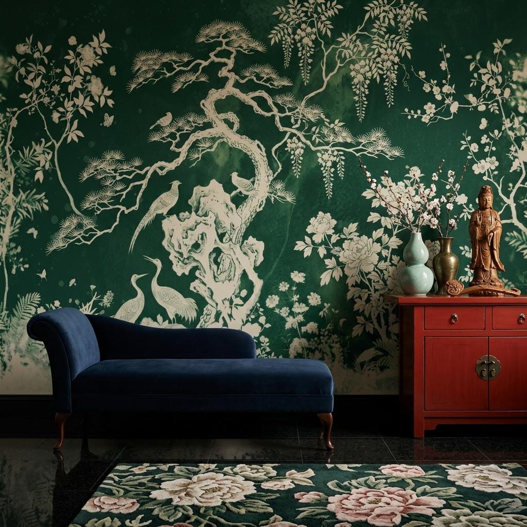 Chinoiserie Wallpaper Mural, Asian Botanical Wall Art, Green Oriental Wall Decor