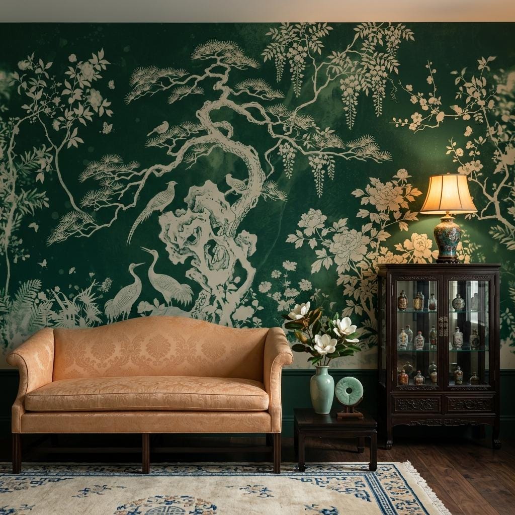 Chinoiserie Wallpaper Mural, Asian Botanical Wall Art, Green Oriental Wall Decor