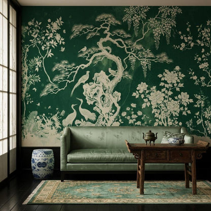 Chinoiserie Wallpaper Mural, Asian Botanical Wall Art, Green Oriental Wall Decor