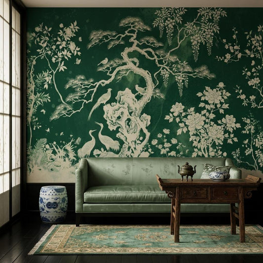 Chinoiserie Wallpaper Mural, Asian Botanical Wall Art, Green Oriental Wall Decor