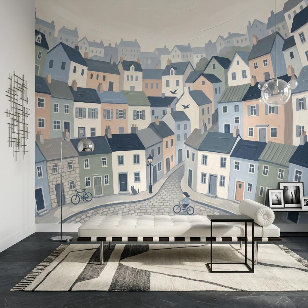 Illustrated Town Wallpaper Mural, Storybook City Wall Art, Pastel House Wall Decor