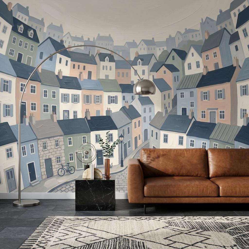Illustrated Town Wallpaper Mural, Storybook City Wall Art, Pastel House Wall Decor