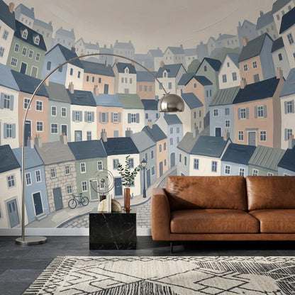 Illustrated Town Wallpaper Mural, Storybook City Wall Art, Pastel House Wall Decor