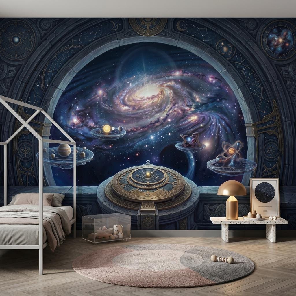 Cosmic Portal Wallpaper Mural, Galaxy Window Wall Art, Celestial Observatory Wall Decor