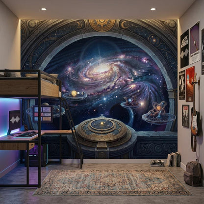 Cosmic Portal Wallpaper Mural, Galaxy Window Wall Art, Celestial Observatory Wall Decor