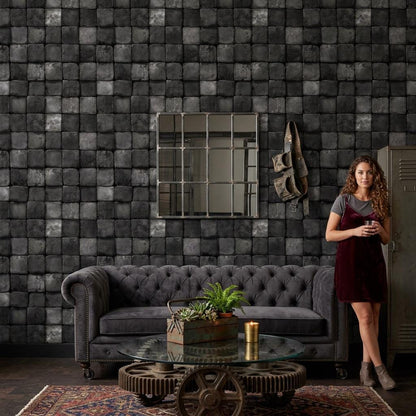 Black Stone Wallpaper Tile Grid Industrial Texture Wall Mural
