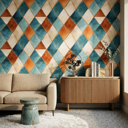 Diamond Pattern Wallpaper, Watercolor Geometric Wall Decor, Modern Retro Wall Design