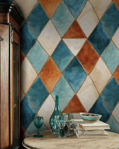 Diamond Pattern Wallpaper, Watercolor Geometric Wall Decor, Modern Retro Wall Design