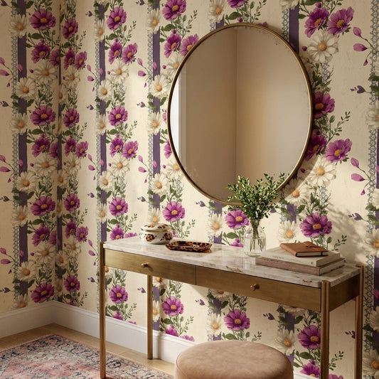 Vintage Floral Stripe Wallpaper, Cottage Garden Wall Decor, Elegant Vertical Flower Pattern Mural