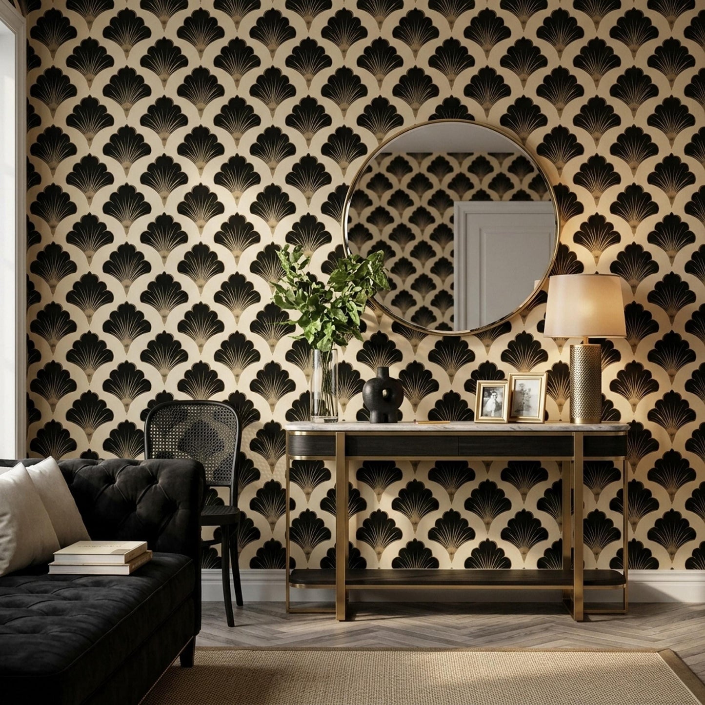 Art Deco Fan Pattern Wallpaper, Black Gold Wall Decor, Geometric Luxury Interior Design