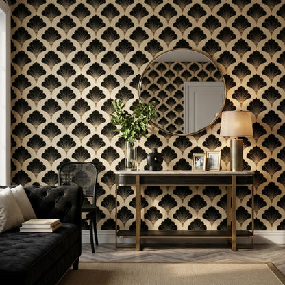 Art Deco Fan Pattern Wallpaper, Black Gold Wall Decor, Geometric Luxury Interior Design