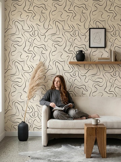 Minimal Abstract Line Wallpaper, Neutral Japandi Decor, Modern Organic Wall Art Design
