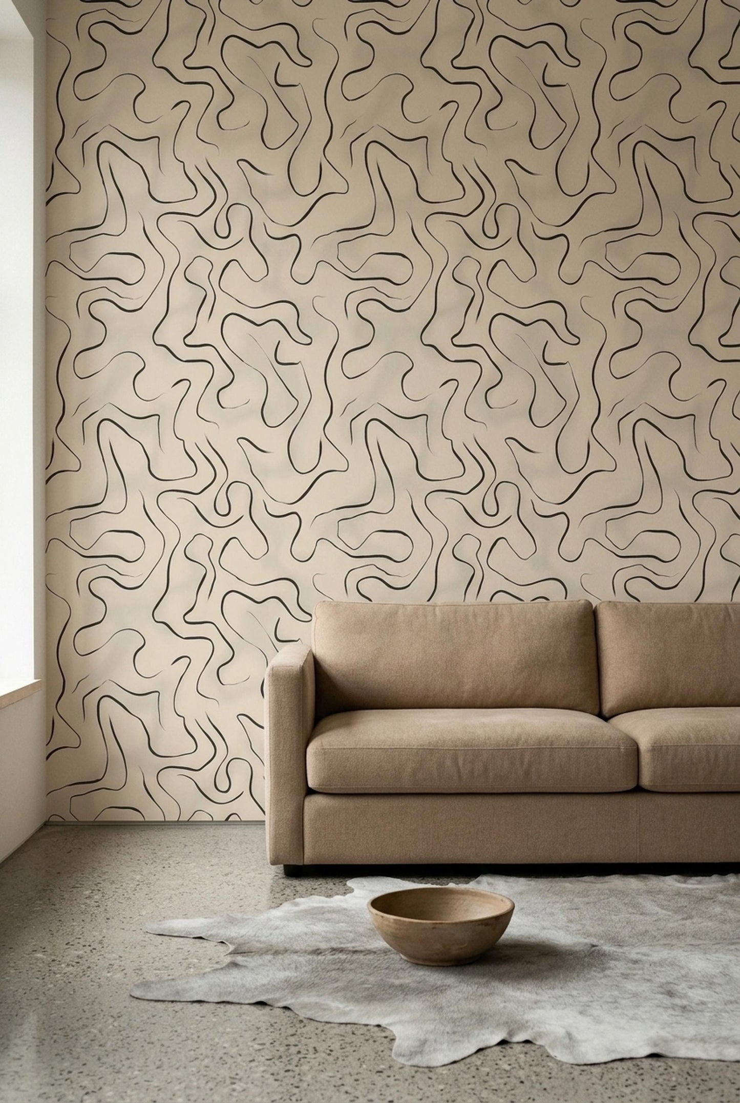 Minimal Abstract Line Wallpaper, Neutral Japandi Decor, Modern Organic Wall Art Design
