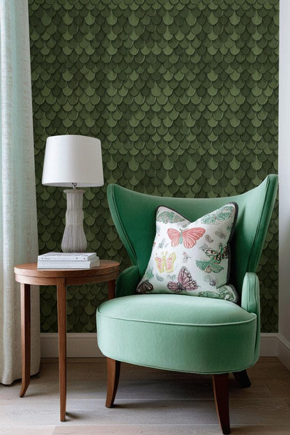 Green Scale Pattern Wallpaper, Art Deco Wall Decor, Modern Textured Luxury Interior Design