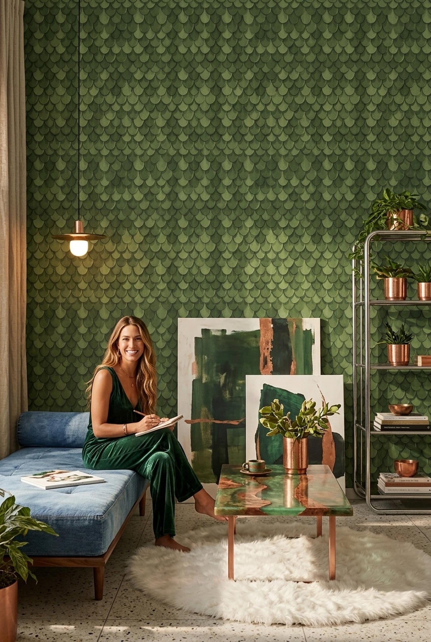 Green Scale Pattern Wallpaper, Art Deco Wall Decor, Modern Textured Luxury Interior Design
