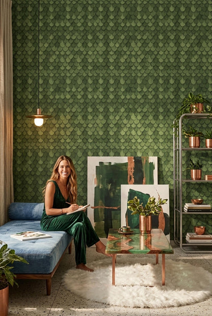 Green Scale Pattern Wallpaper, Art Deco Wall Decor, Modern Textured Luxury Interior Design