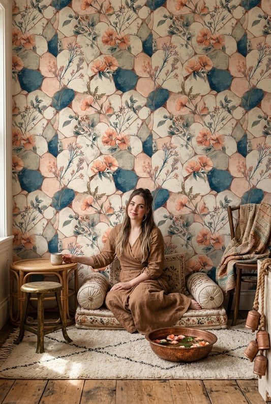 Watercolor Floral Stone Wallpaper, Organic Pattern Wall Mural, Soft Earth Tone Wall Decor