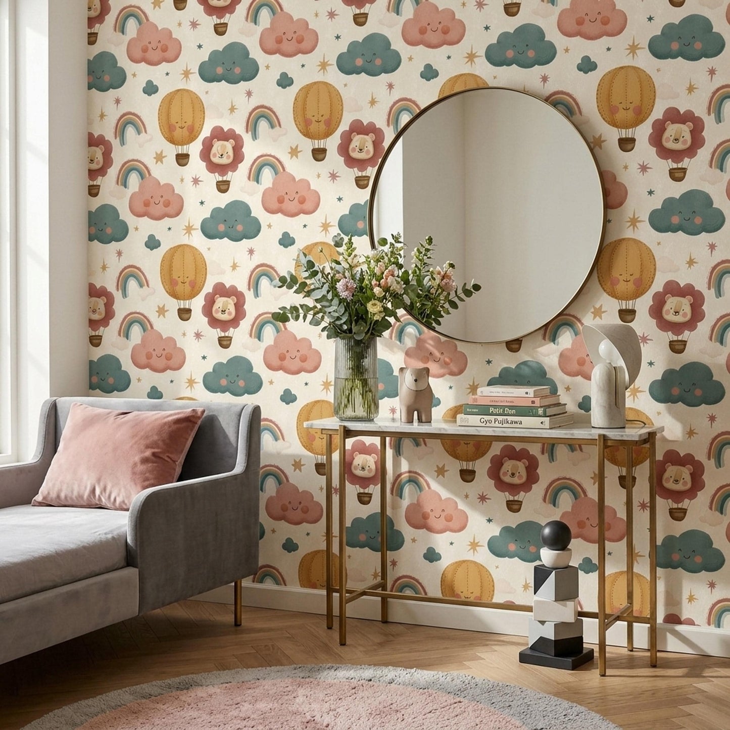 Nursery Wallpaper Hot Air Balloon Rainbow Design, Kids Room Wall Decor Animal Theme