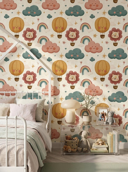 Nursery Wallpaper Hot Air Balloon Rainbow Design, Kids Room Wall Decor Animal Theme