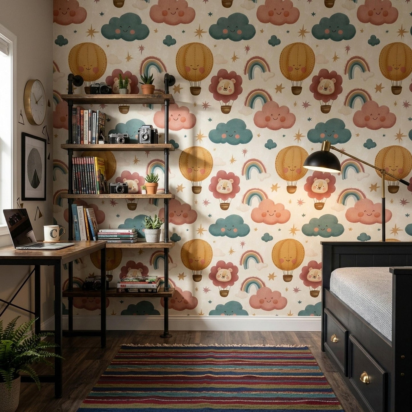 Nursery Wallpaper Hot Air Balloon Rainbow Design, Kids Room Wall Decor Animal Theme