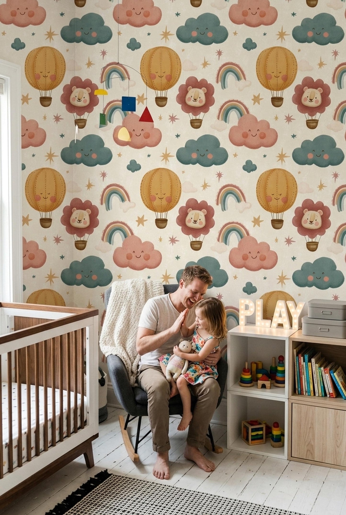 Nursery Wallpaper Hot Air Balloon Rainbow Design, Kids Room Wall Decor Animal Theme