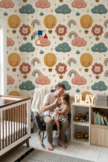 Nursery Wallpaper Hot Air Balloon Rainbow Design, Kids Room Wall Decor Animal Theme