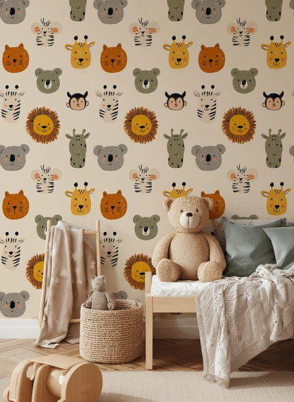 Kids Animal Wallpaper Safari Pattern Jungle Theme Wall Decor Playful Cartoon Design