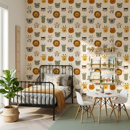 Kids Animal Wallpaper Safari Pattern Jungle Theme Wall Decor Playful Cartoon Design